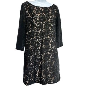 Vince Camuto Dress Womens 12 Black Floral Lacey Cocktail Party Sheer Sleeve